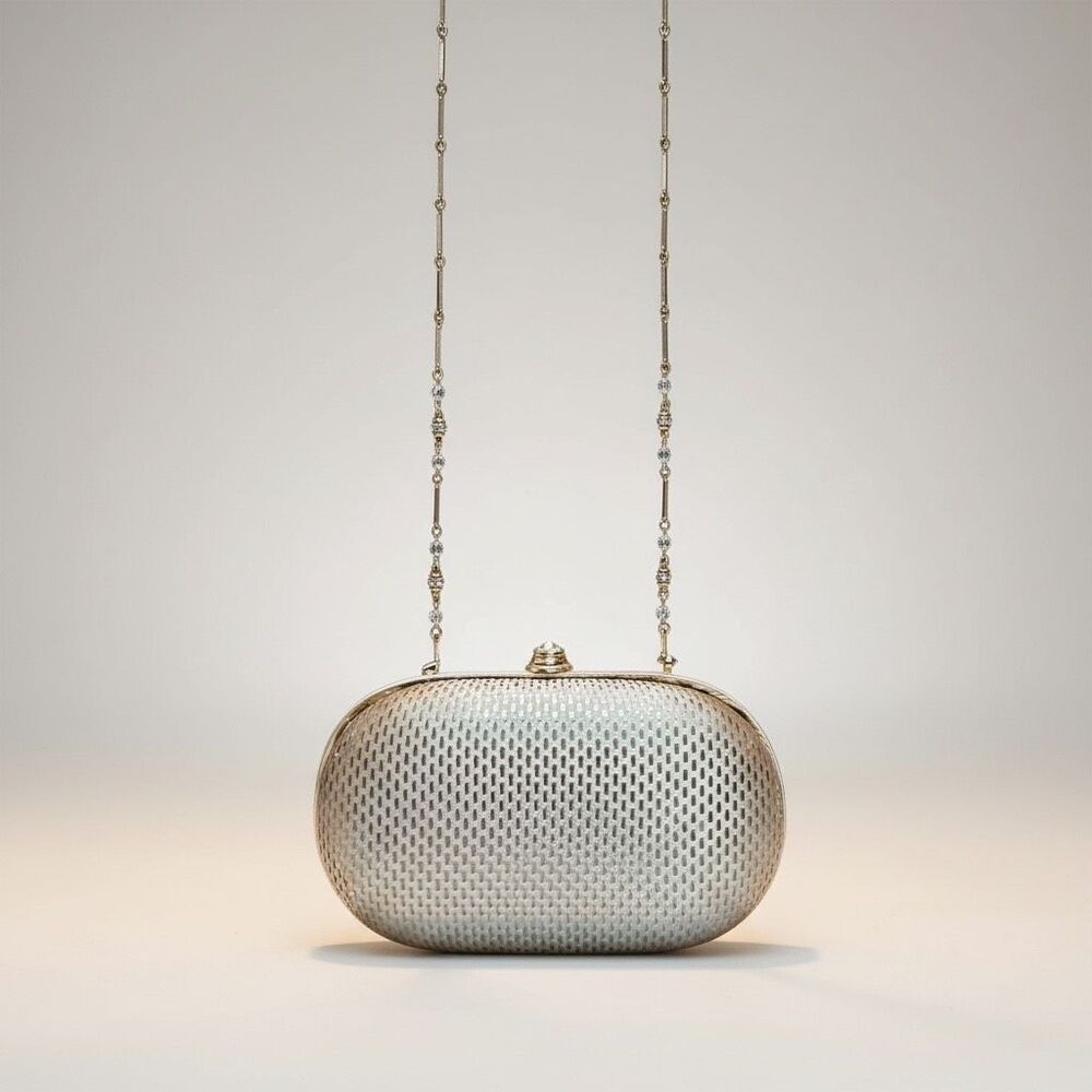 St. John Vintage Gold Hardshell Palettes Chain Clutch Gold Metallic Made in Ital